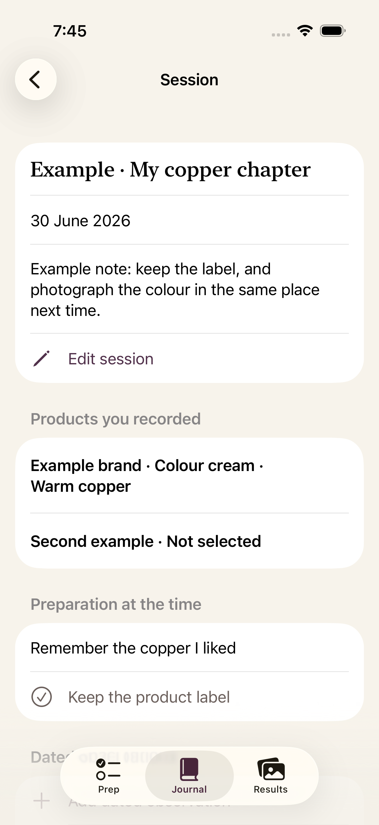 Actual Shade Diary development screen with an example saved session, product details and a note. Not a customer record.